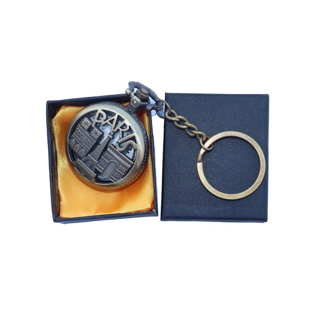 Paris Antique Analog Pocket Watch Vintage Keychain